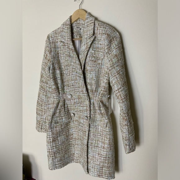 Jason Wu Sparkle Boucle Tweed Cream Double Breast Long Blazer - Picture 2 of 15